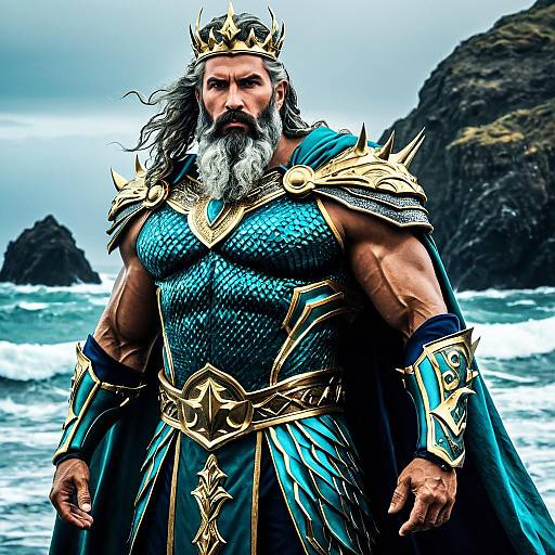 King Poseidon in Regal Armor by the Ocean