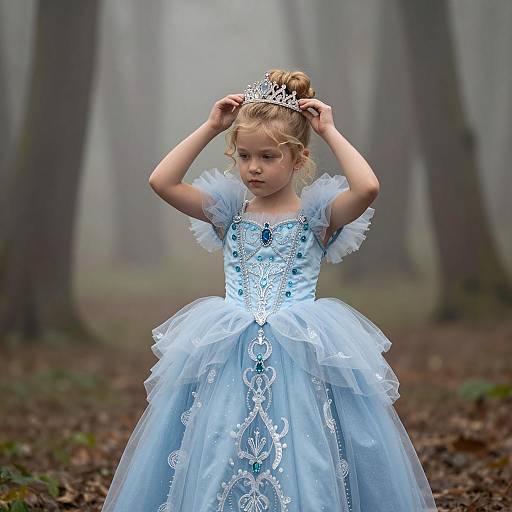 Young Girl in Blue Princess Gown with Tiara in Misty Forest