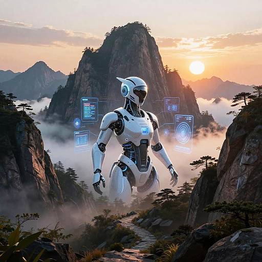 Digital artwork of a futuristic white humanoid robot with glowing blue interfaces, standing in a misty, mountainous valley at sunset.