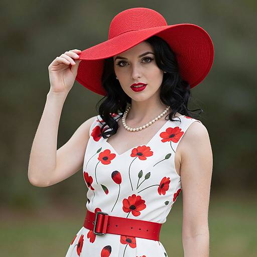 Photograph of a pale-skinned woman with black curly hair, wearing a red sunhat, white floral dress with red belt, and pearl necklace,