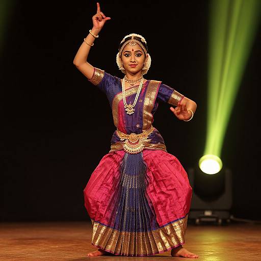 Photograph of a South Asian woman in a traditional blue and pink saree with gold trim, dancing on stage under green spotlight.