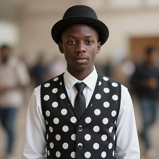 Photograph of a young Black boy with dark skin wearing a black polka dot vest, white shirt, black tie, and black hat, standing indoors