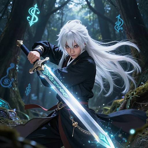 Digital artwork of a white-haired warrior with glowing blue sword in a dark, enchanted forest, surrounded by mystical symbols.