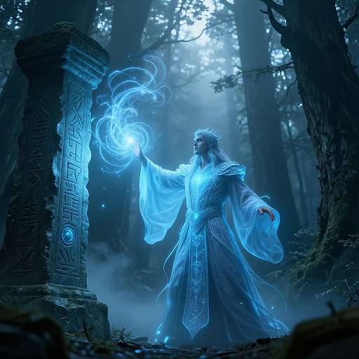 Magical blue-robed figure in a misty forest, casting glowing ethereal fire from hand, standing before ancient, illuminated stone pillar. Digital fantasy