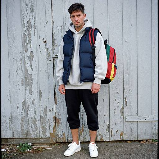 Photograph of a young man with short dark hair, wearing a white hoodie, black puffy vest, black pants, and white sneakers, standing against