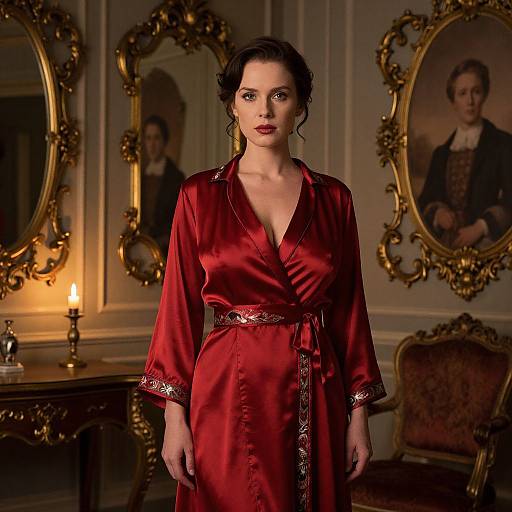 Photograph of a serious woman in a red satin robe with intricate gold trim, standing in an opulent, dimly-lit room with ornate