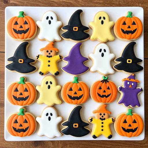 Photograph of Halloween-themed sugar cookies: ghosts, witches, pumpkins, star, and purple wizard on a white square plate on wooden table.
