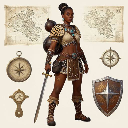 Digital illustration of a dark-skinned, muscular African warrior woman with leopard-print armor, blue gemstones, holding a sword and shield, surrounded by compass