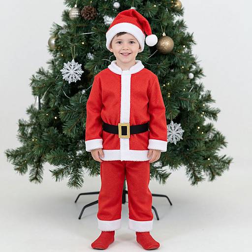 Photograph of a smiling young boy in a red Santa outfit with white trim, standing in front of a decorated Christmas tree.