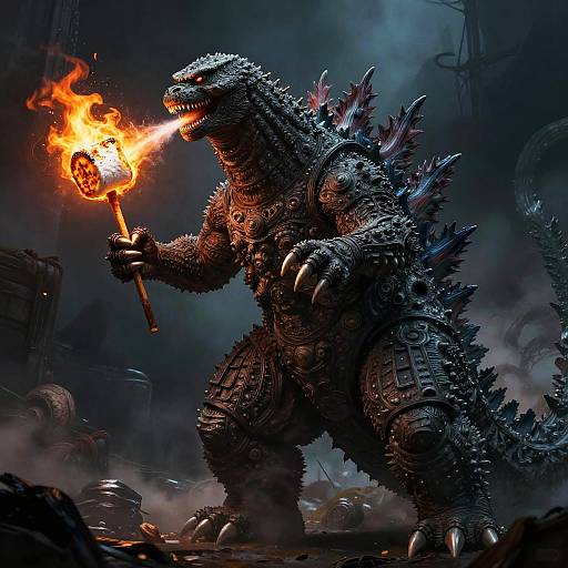 Godzilla Toasting Marshmallow with Flame Breath