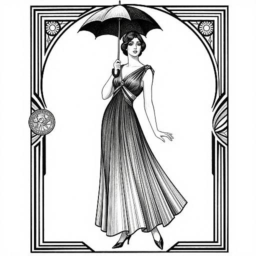 Black and white illustration of a woman in a flowing dress holding an umbrella, standing in an ornate, geometric frame.