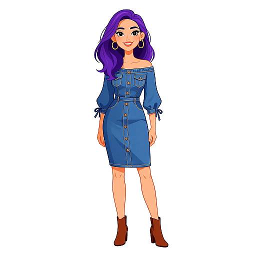 Digital illustration of a smiling woman with purple hair, wearing an off-the-shoulder blue denim dress, brown ankle boots, and hoop earrings. White