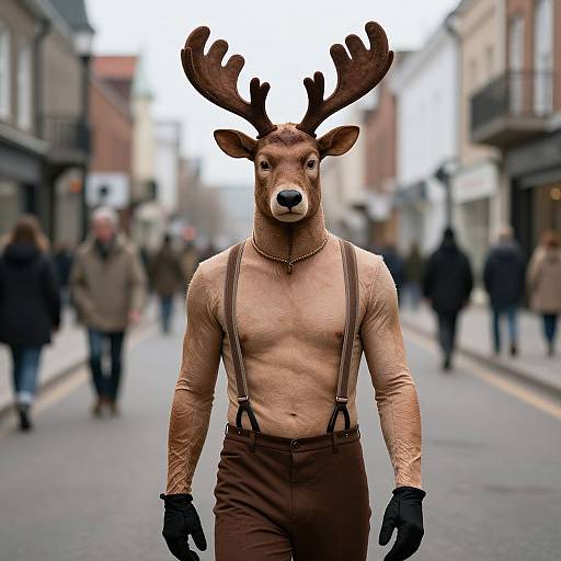 Photograph of a shirtless, muscular anthropomorphic deer with brown antlers, wearing brown pants, suspenders, and black gloves, walking down a