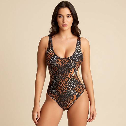 Photograph of a confident, dark-haired woman with light skin wearing a leopard-print, low-cut one-piece swimsuit against a plain white background.
