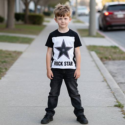 Photograph of a young boy with spiky brown hair, wearing a black and white 