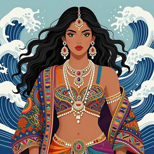 Digital art of a dark-skinned woman with long black hair, wearing ornate traditional Indian attire and jewelry, against wave patterns.