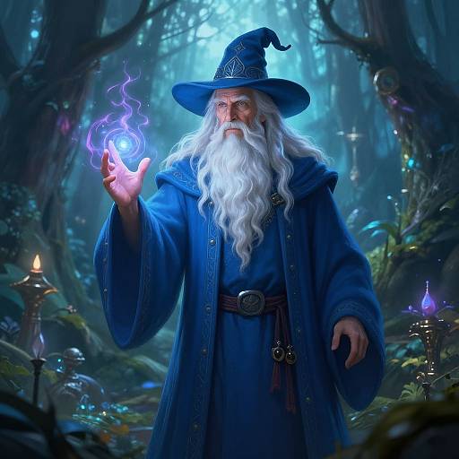 Digital art of an elderly wizard with a white beard, blue robe, and hat, conjuring purple magic in a mystical forest.