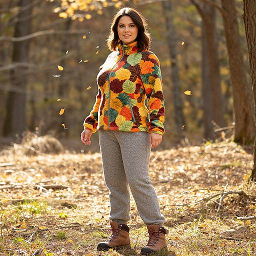 Photograph of a woman with medium-length dark hair, wearing a colorful floral sweater, gray pants, and brown boots, standing in a sunlit autumn