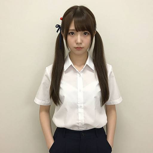 Photograph of an Asian teenage girl with long black pigtails, wearing a white short-sleeved button-up shirt and black skirt, standing against