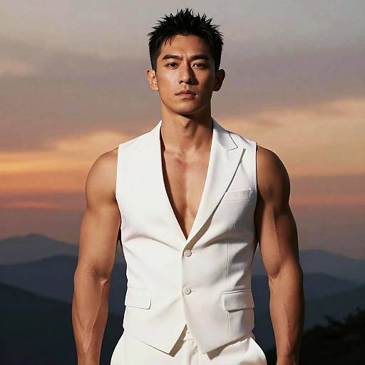 Photograph of a muscular Asian man with short black hair, wearing a sleeveless white vest and no shirt, standing against a sunset sky with mountains in