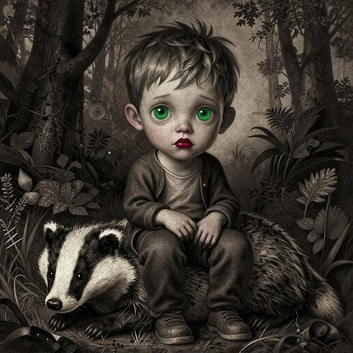 Digital art of a wide-eyed, green-eyed baby with tousled hair, sitting in a dark, detailed forest beside a curious badger.