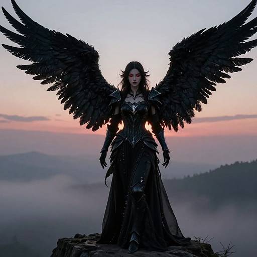 Photograph-like digital artwork of a dark winged angel with black feathers, wearing ornate black armor, standing against a pink-orange sunset sky with mist