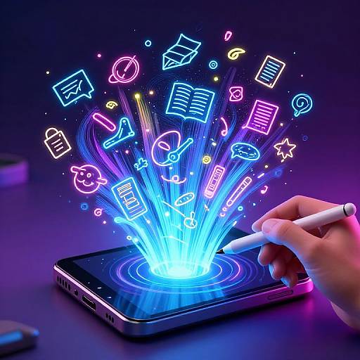 Photograph of a hand drawing on a glowing tablet, emitting neon icons like messages, notes, and emojis in bright blue and pink hues against a dark