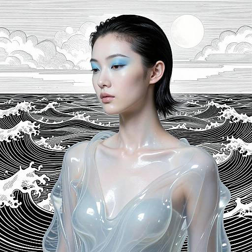 Digital art of an Asian woman with wet, slicked-back black hair, wearing a translucent, glossy top, set against a black and white wave pattern