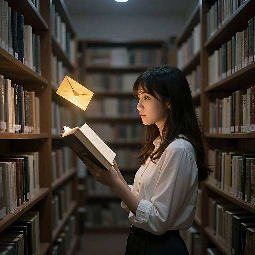 Photograph of a young woman with long dark hair, wearing a white blouse, holding a book illuminated by a small flashlight in a dimly lit library