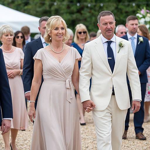Photograph of a smiling middle-aged couple holding hands at an outdoor wedding, with the man in a white suit and the woman in a pale pink dress