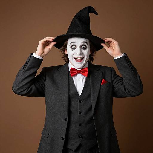 Photograph of a man in a black suit, red bow tie, white face paint, and black witch hat, smiling with hands adjusting the hat against