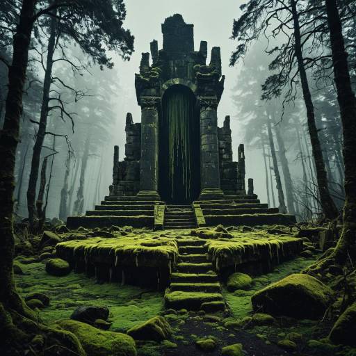 Ancient Moss-Covered Mystical Ruins in Foggy Forest