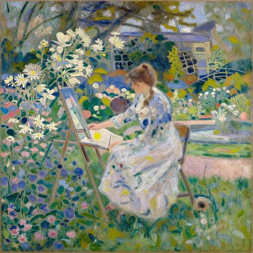 Impressionist painting of a woman in a white, blue-patterned dress painting a garden scene with vibrant flowers and a cottage background.