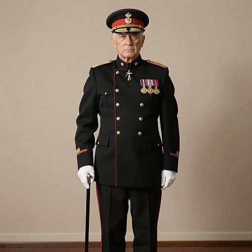 Photograph of an elderly white male military officer in a black uniform with medals, white gloves, red and gold hat, standing against a plain beige wall