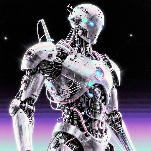 Digital artwork of a glowing, futuristic robotic humanoid with blue eyes, intricate mechanical details, and neon highlights against a black-purple gradient background.