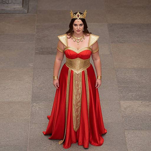 Photograph of a woman with dark hair, wearing a gold crown, red and gold regal gown, and gold jewelry, standing on a stone floor
