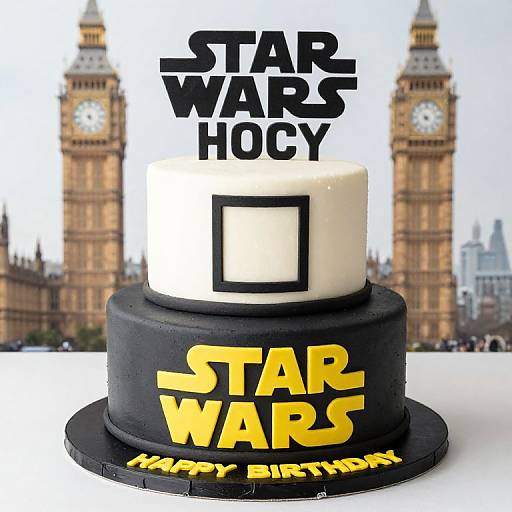 Photograph of a two-tier Star Wars birthday cake with black and white fondant, 