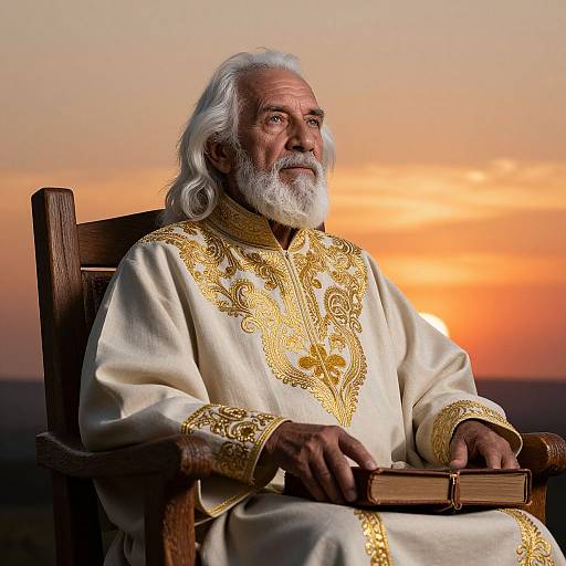 Photograph of an elderly man with a white beard, wearing a gold-embroidered white robe, sitting on a wooden chair at sunset, holding