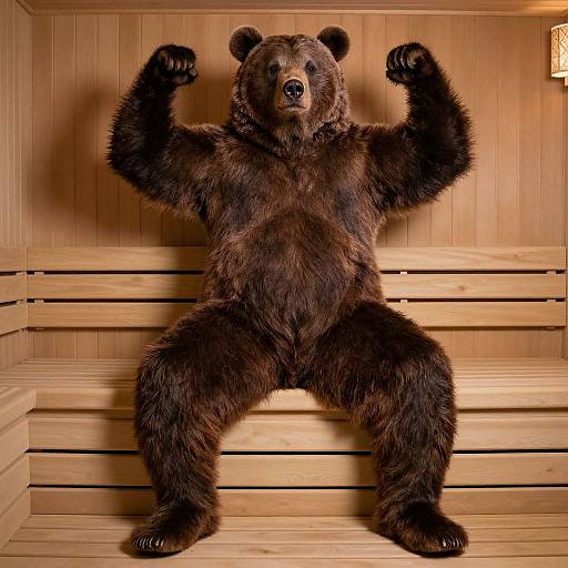 Photograph of a realistic, dark brown bear with muscular build, flexing arms in a wooden sauna, seated on bench, legs spread.