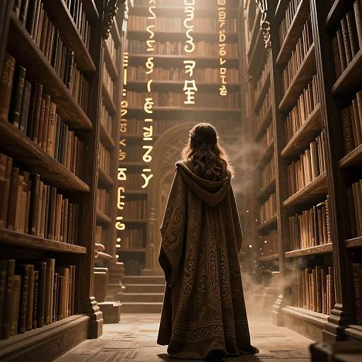 Photograph of a lone figure in a long, ornate robe, standing in a dimly lit, towering library with glowing, vertical text. Dust