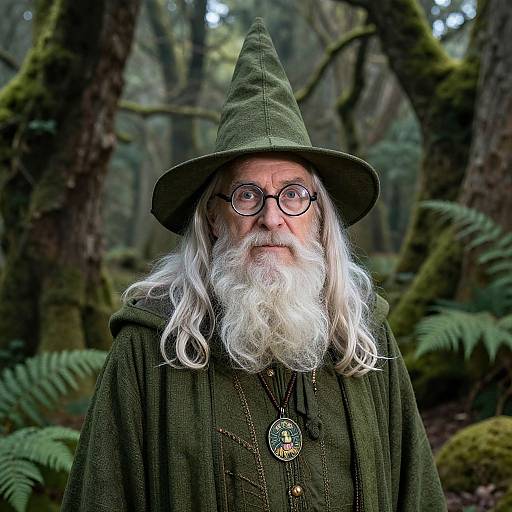 Photograph of an elderly wizard with white beard, glasses, green hat, and cloak, standing in a mossy forest. Detailed background with ferns