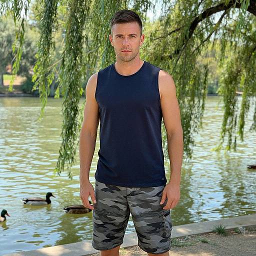 Photograph of a muscular, fair-skinned man with short brown hair, wearing a black tank top and camo shorts, standing by a tree by