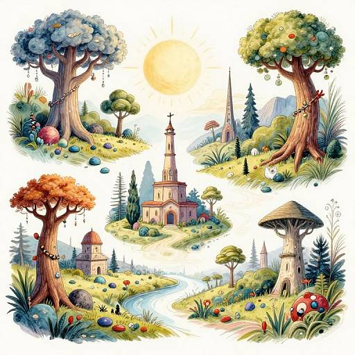 Colorful digital illustration of a whimsical landscape with large, tree-like mushrooms, a sunlit church, and vibrant flowers and rocks.