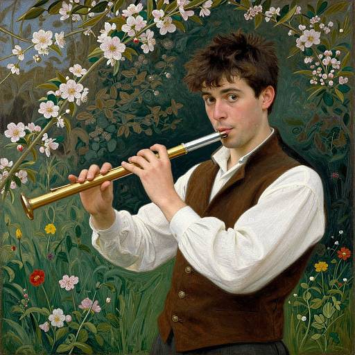 Young man with dark hair playing a golden flute, wearing a white shirt and brown vest, surrounded by colorful flowers in a detailed, realistic painting.