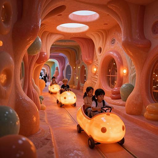 Photograph of two children riding glowing orange mushroom-shaped vehicles through a whimsical, cave-like tunnel with rounded, colorful walls.