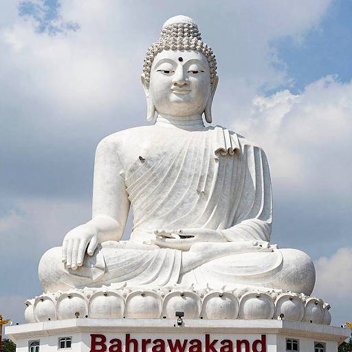 Photograph of a massive, white, seated Buddha statue with detailed curls and serene expression, surrounded by small Buddha heads at the base, under a blue