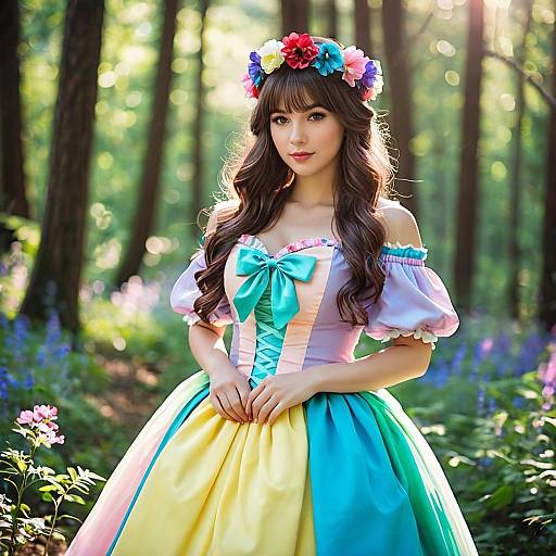 Young Woman in Colorful Princess Dress in Forest