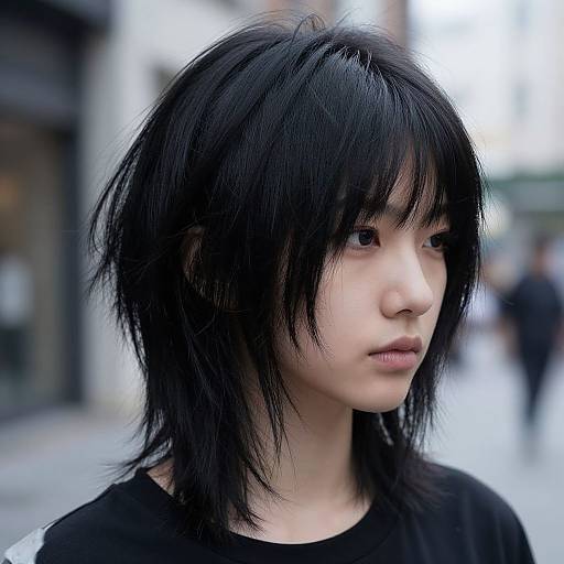 Photograph of an Asian young woman with messy black hair, pale skin, and neutral expression, wearing a black shirt, standing in a blurred urban street