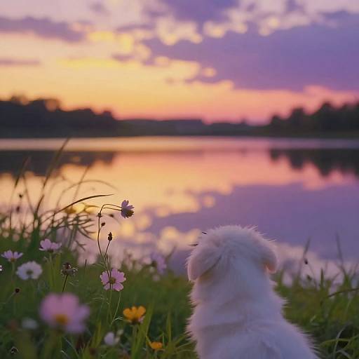 Photograph of a fluffy white puppy facing a serene lake at sunset, surrounded by pink and yellow wildflowers, with a colorful sky reflecting on the water