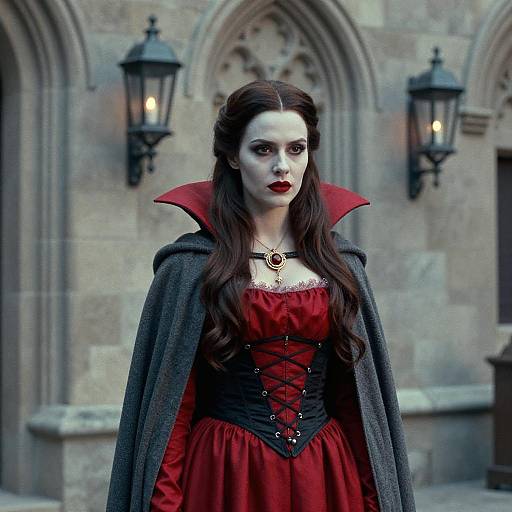 Woman in Dracula Costume in Medieval Setting